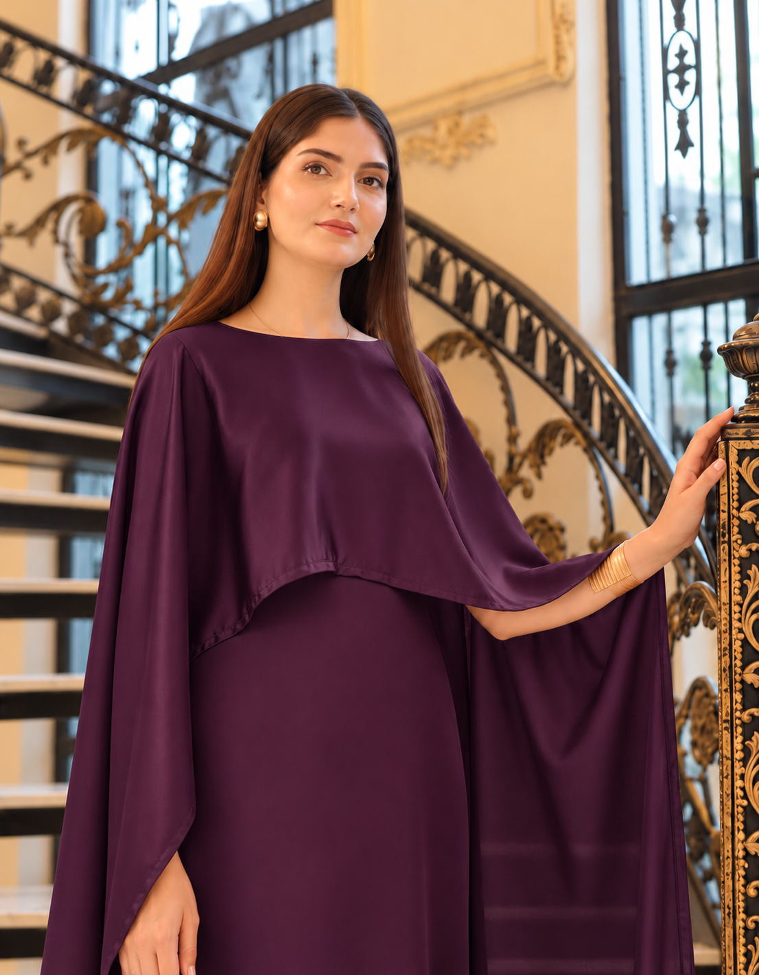 BADAM Deep Plum Silk Cape Gown — close shot