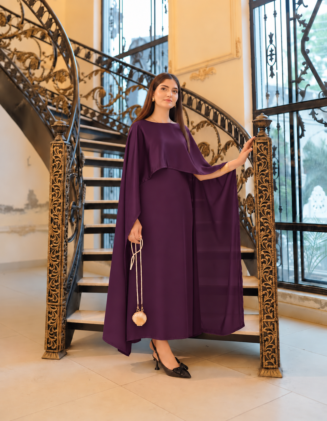 BADAM Deep Plum Silk Cape Gown — full shot