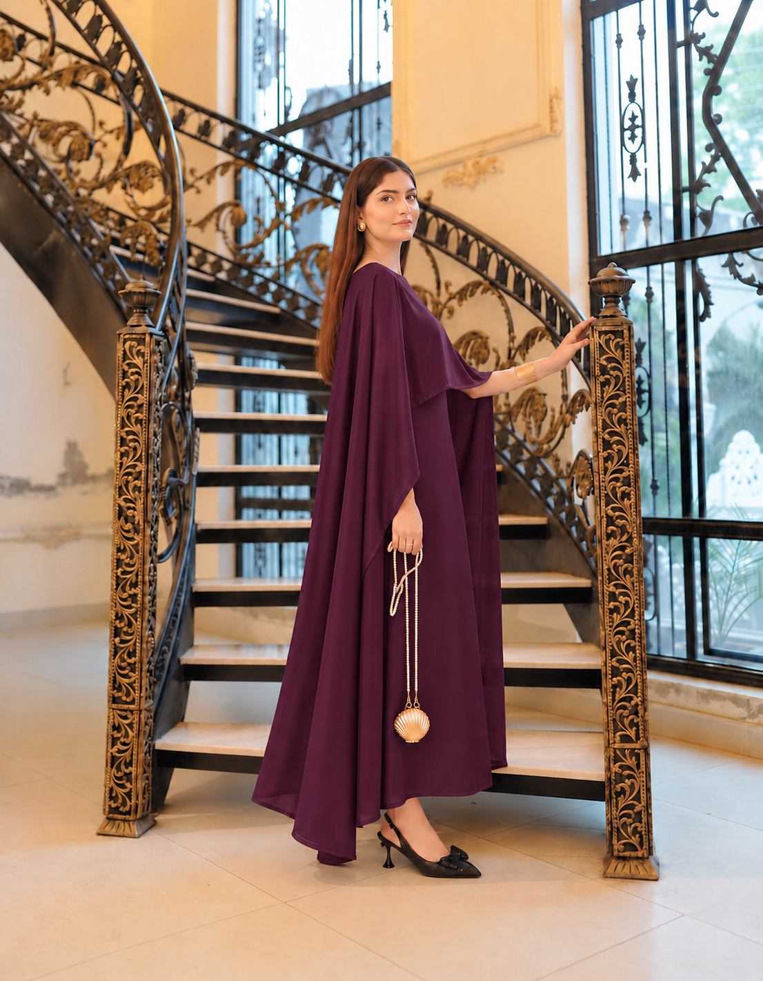 BADAM Deep Plum Silk Cape Gown — side shot