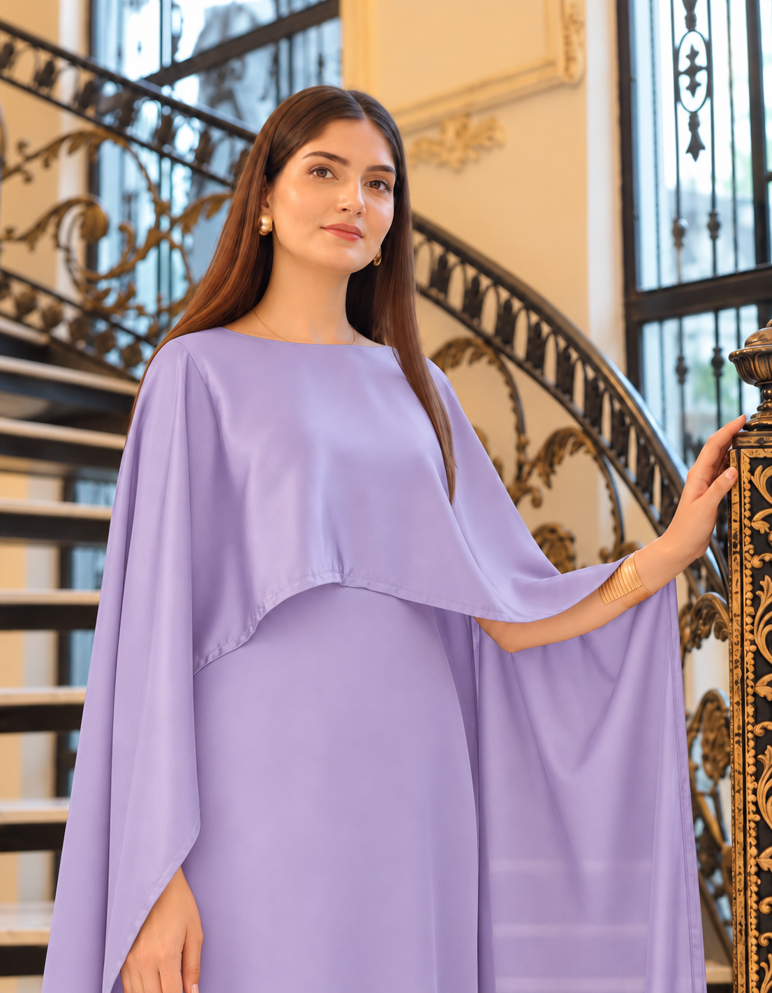 BADAM Lilac Silk Cape Gown — close shot