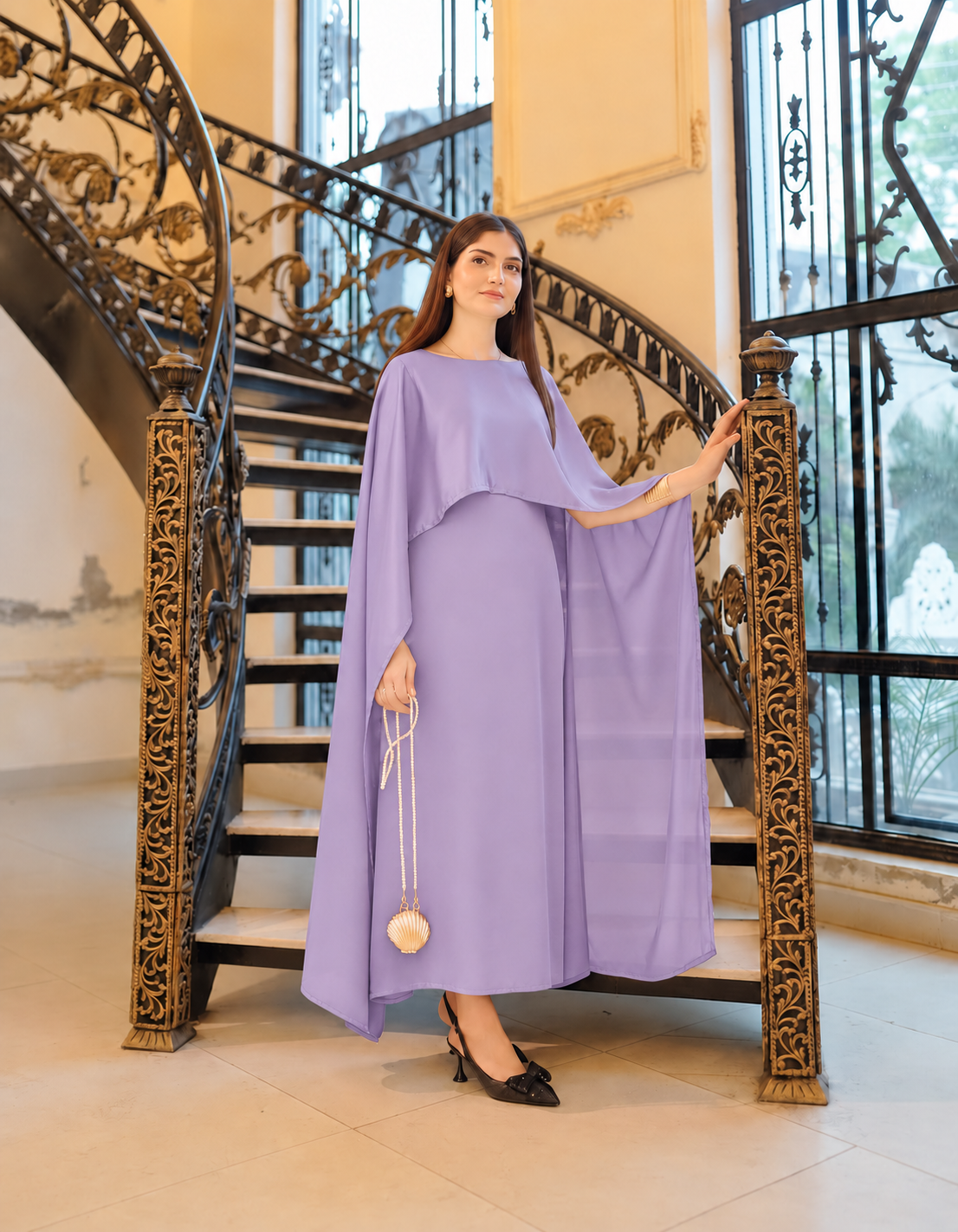 BADAM Lilac Silk Cape Gown — full shot