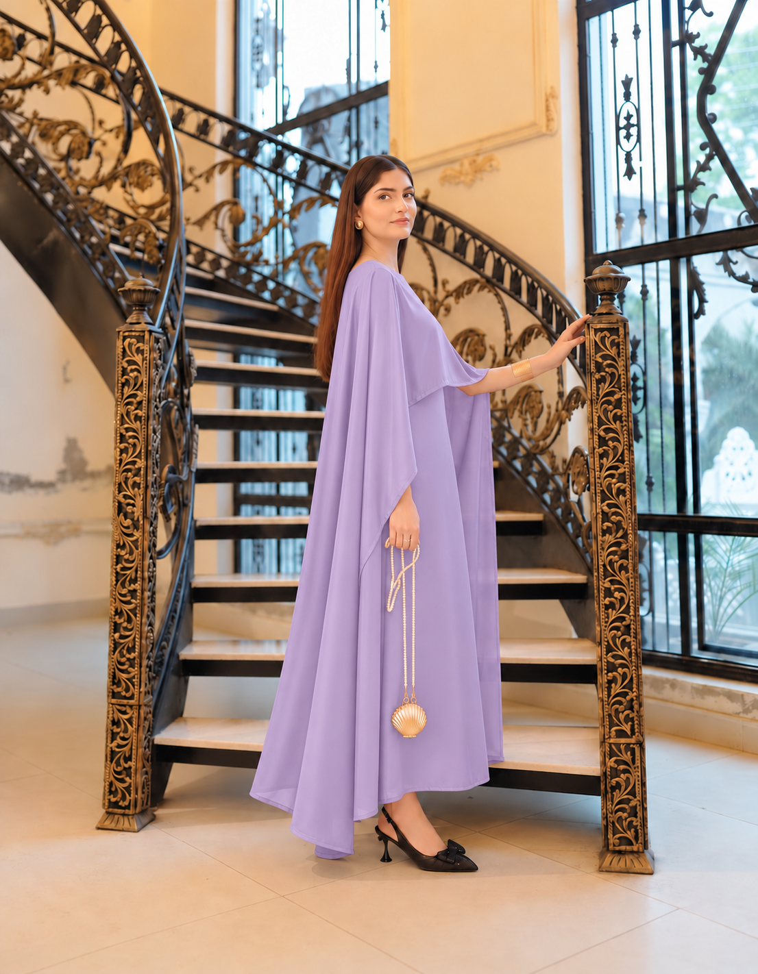 BADAM Lilac Silk Cape Gown — side shot