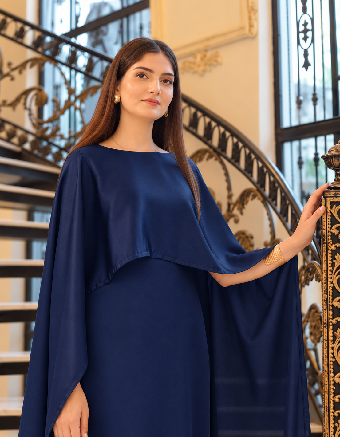BADAM Navy Blue Silk Cape Gown — close shot