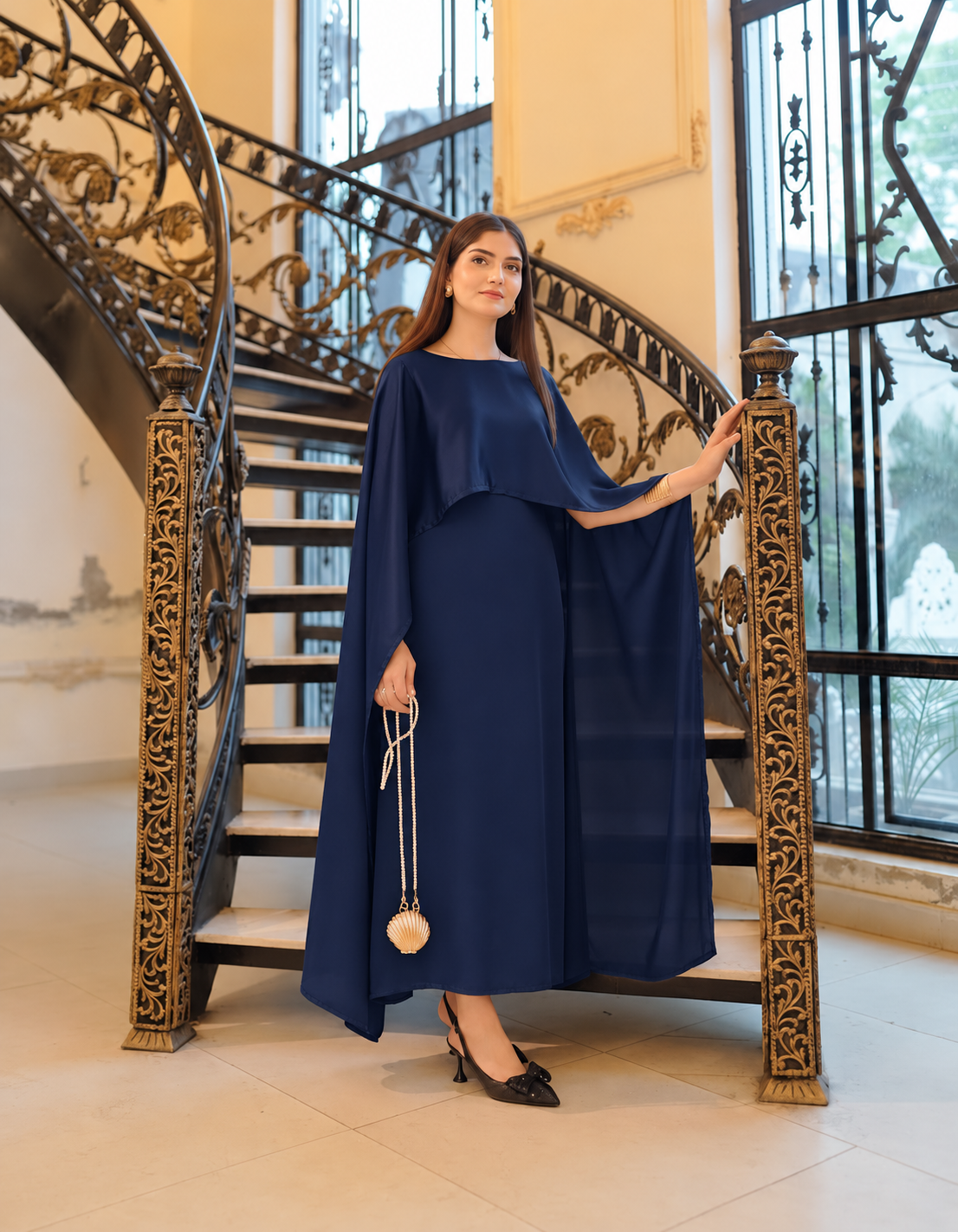 BADAM Navy Blue Silk Cape Gown — full shot