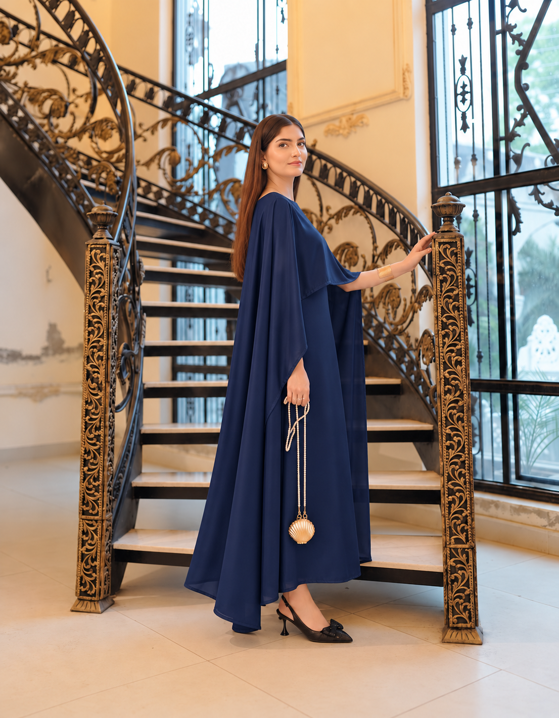 BADAM Navy Blue Silk Cape Gown — side shot