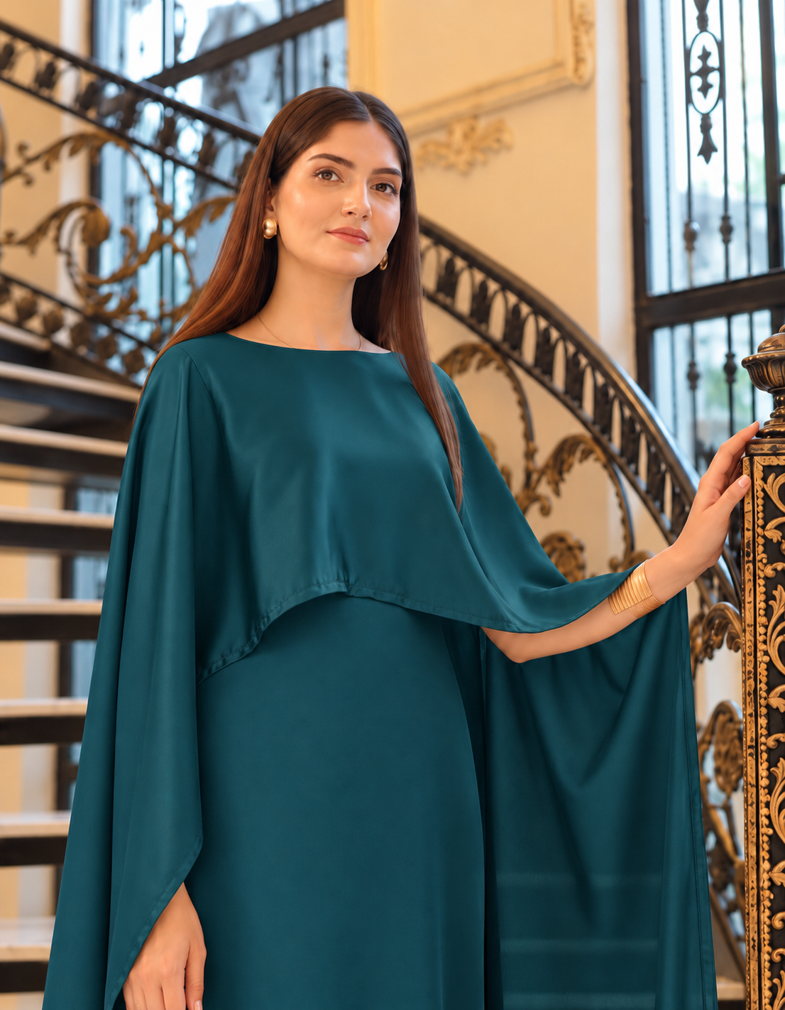 BADAM Petrol Teal Silk Cape Gown — close shot