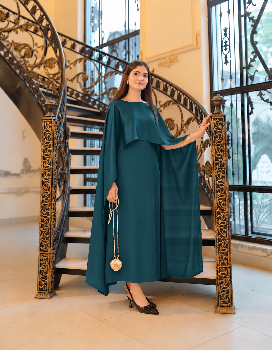 BADAM Petrol Teal Silk Cape Gown — full shot
