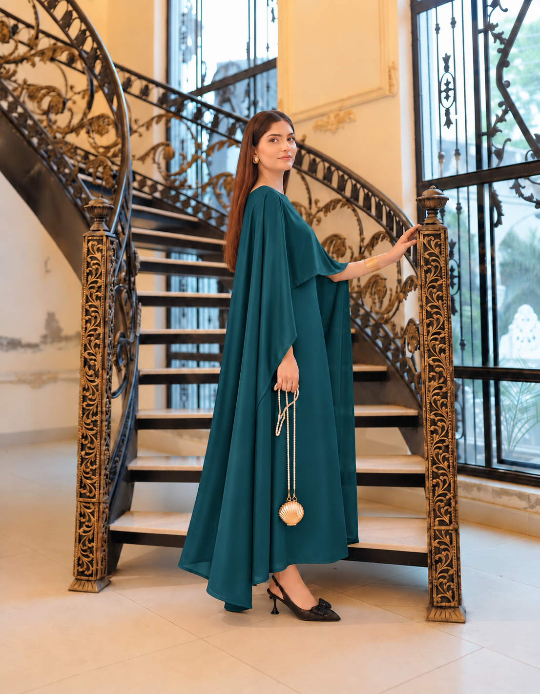 BADAM Petrol Teal Silk Cape Gown — side shot