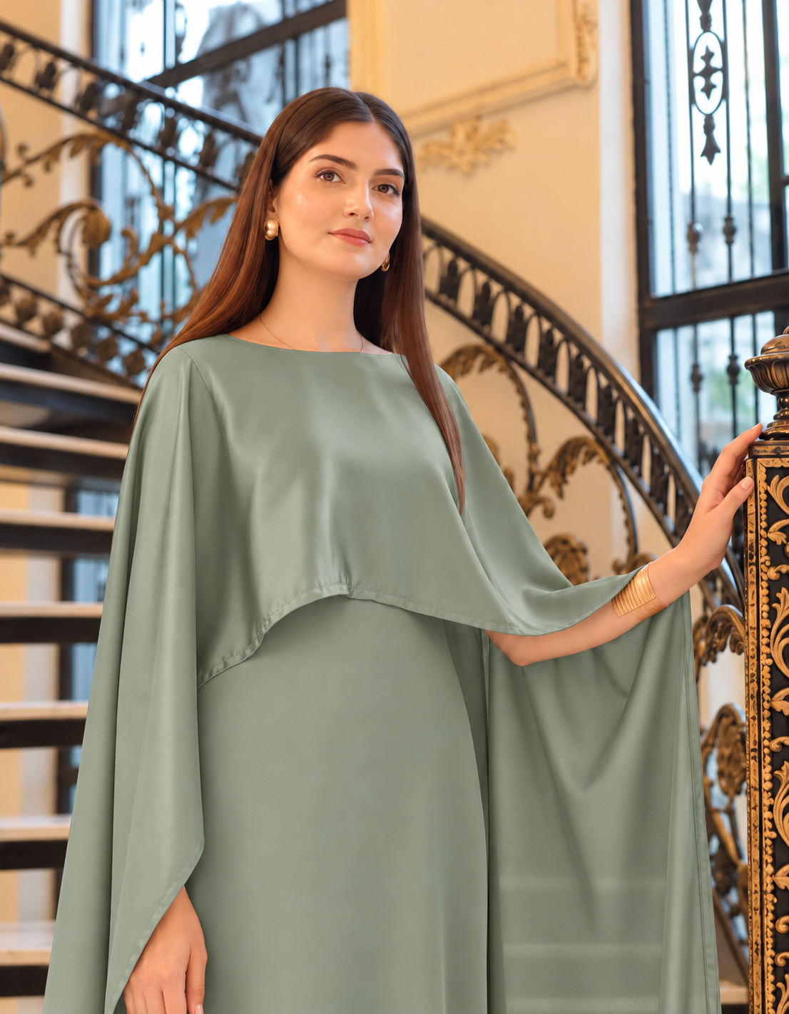 BADAM Sage Green Silk Cape Gown — close shot