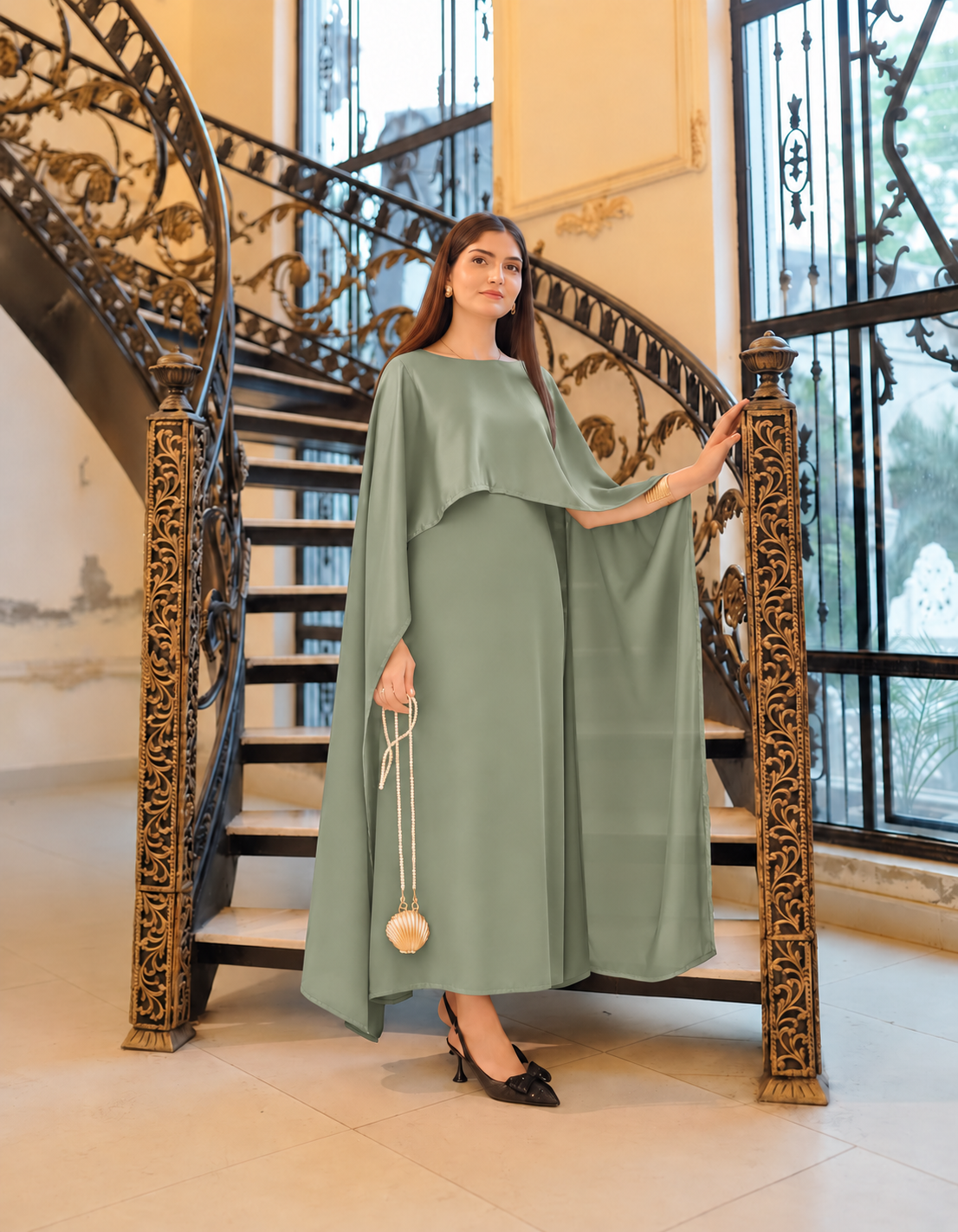 BADAM Sage Green Silk Cape Gown — full shot