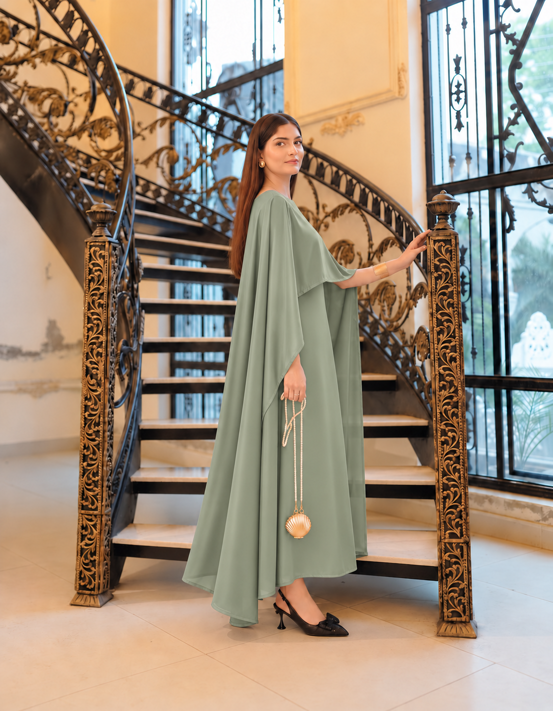 BADAM Sage Green Silk Cape Gown — side shot