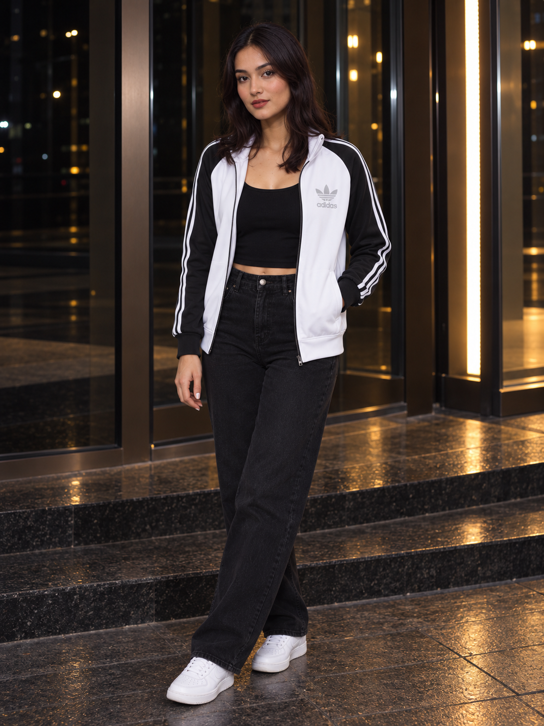 Baseline Track Jacket in White and Black, open zip front view on Nafisha