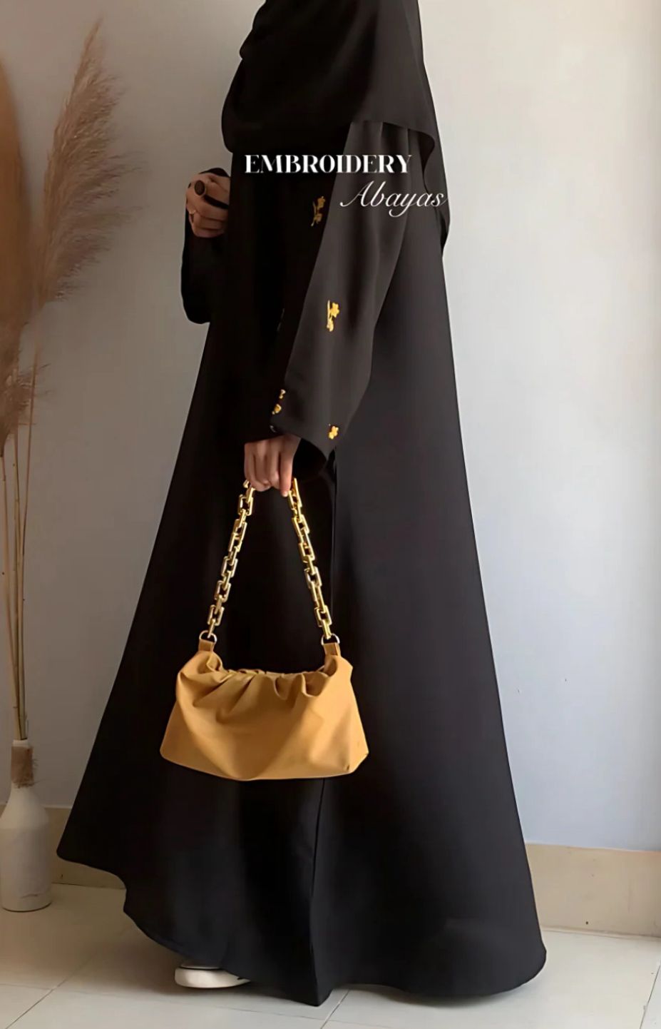 Luxury Black Abaya with Gold Floral Embroidery on Sleeves