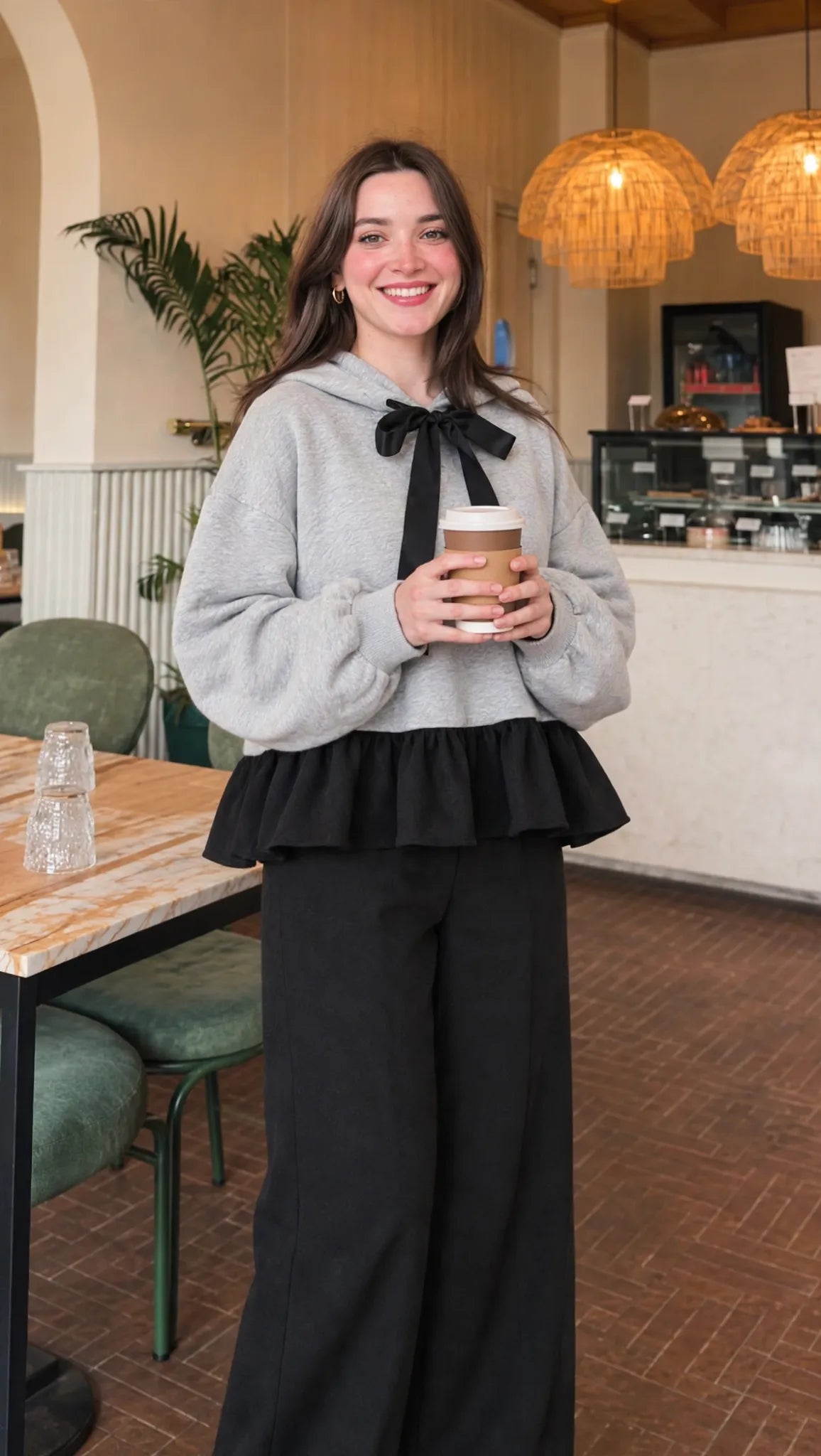 Bow Ruffle Hoodie in grey with black ribbon and ruffle hem, coffee-front view