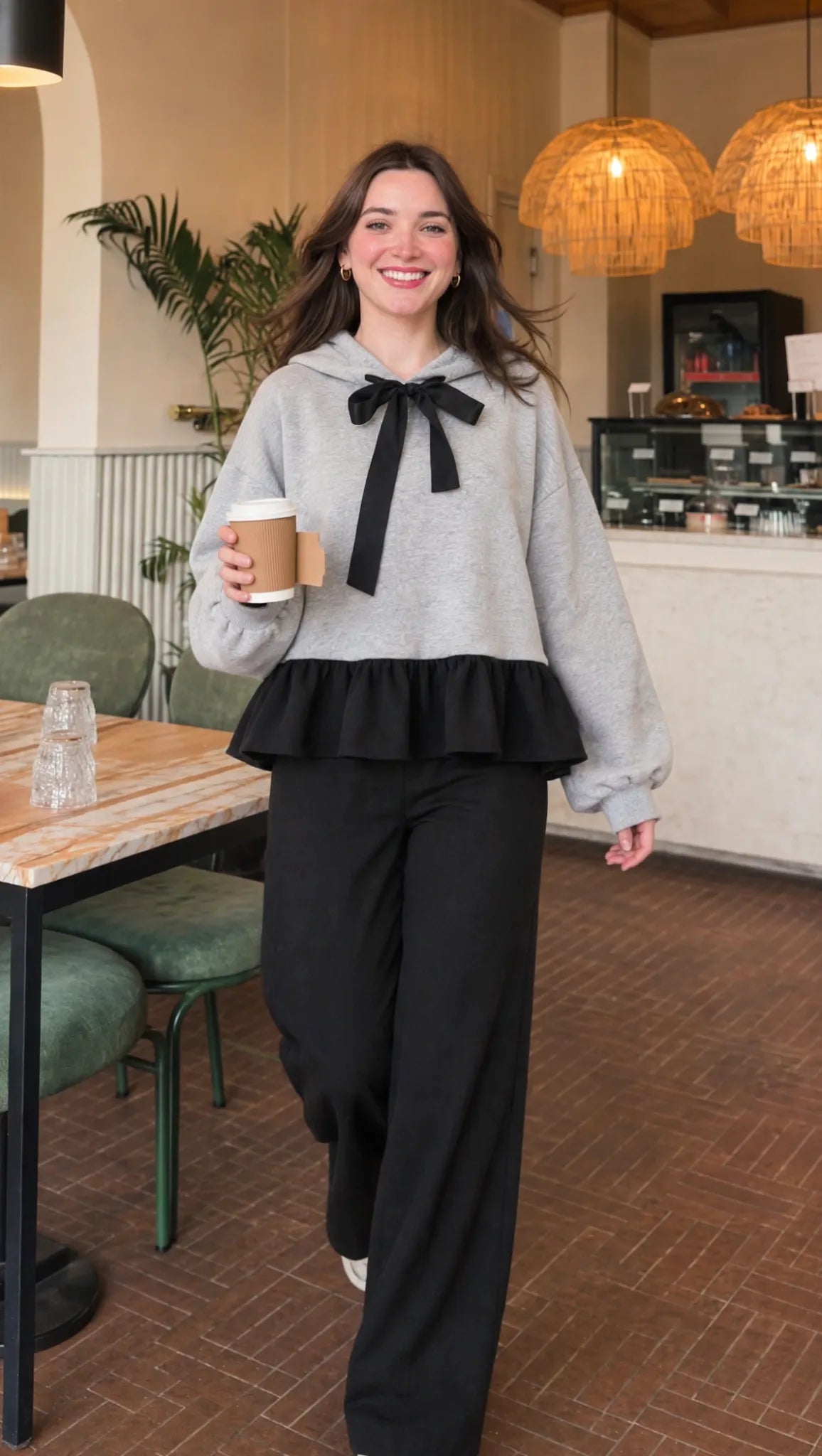 Bow Ruffle Hoodie in grey with black ribbon and ruffle hem, walking view