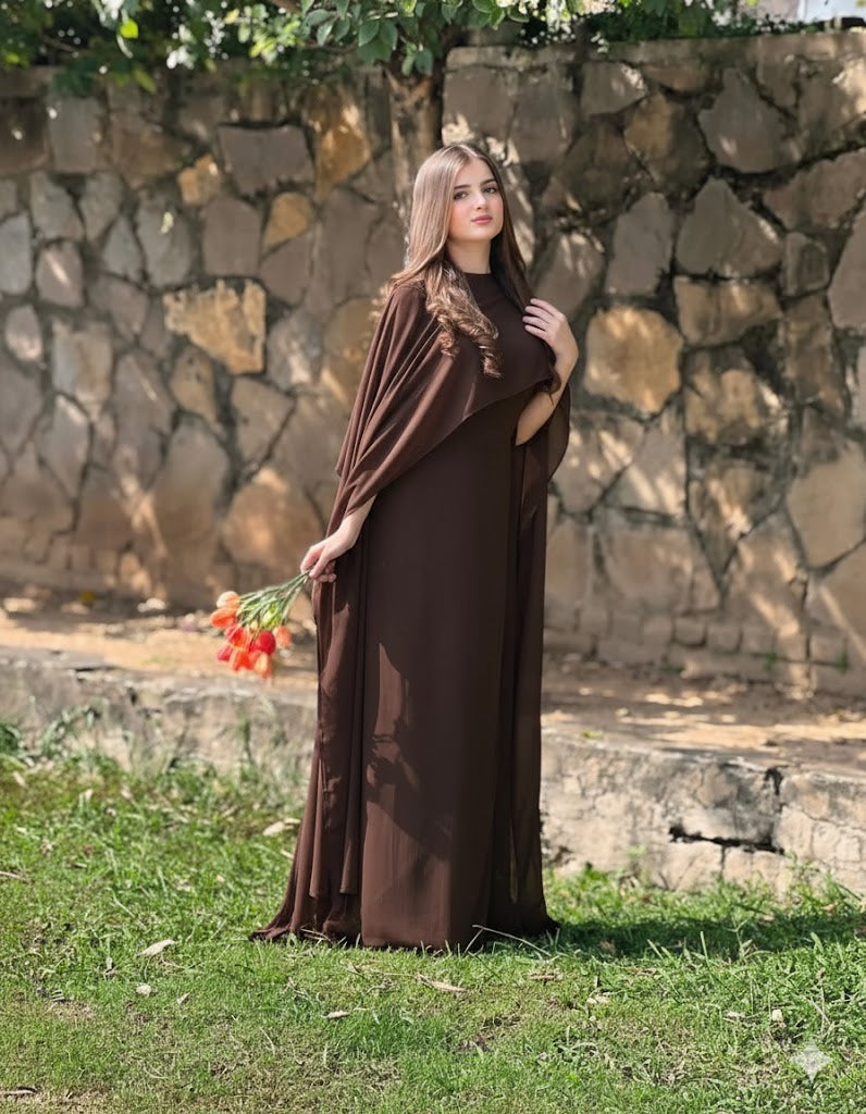 Graceful Cape Shawl Dress BROWN