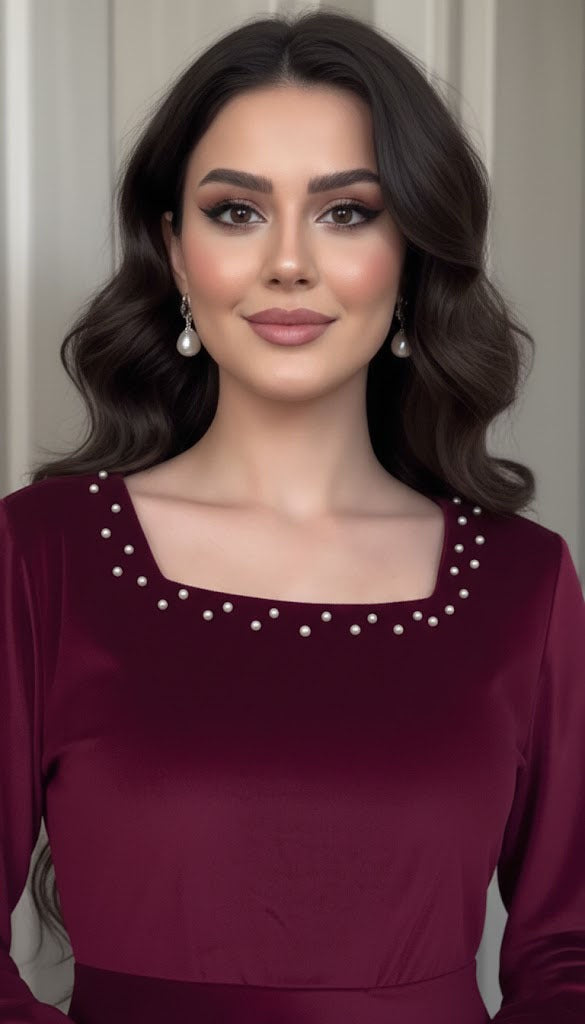 Luxurious Long-Sleeve Velvet Gown with Beaded Neckline and Cuffs