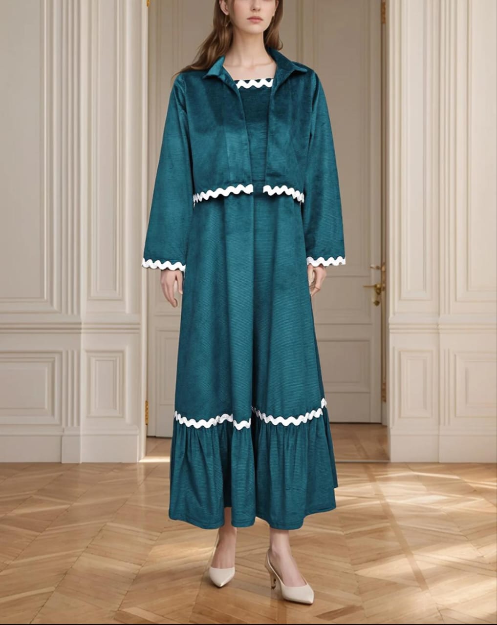 Elegant Berry Velvet Midi Dress with Contrast Trim Jacket Set