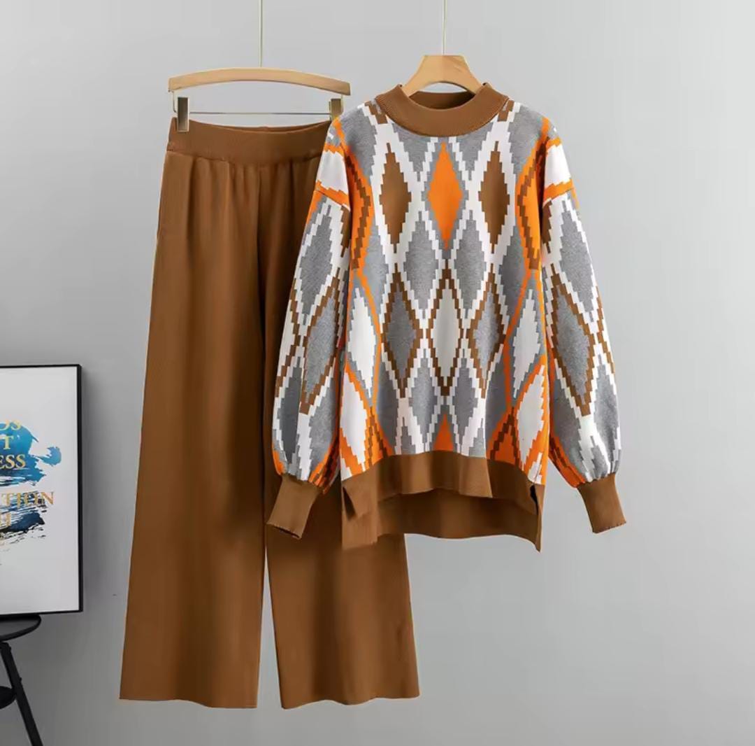 Cozy Fleece-Lined Argyle Sweater & Palazzo Pant Set