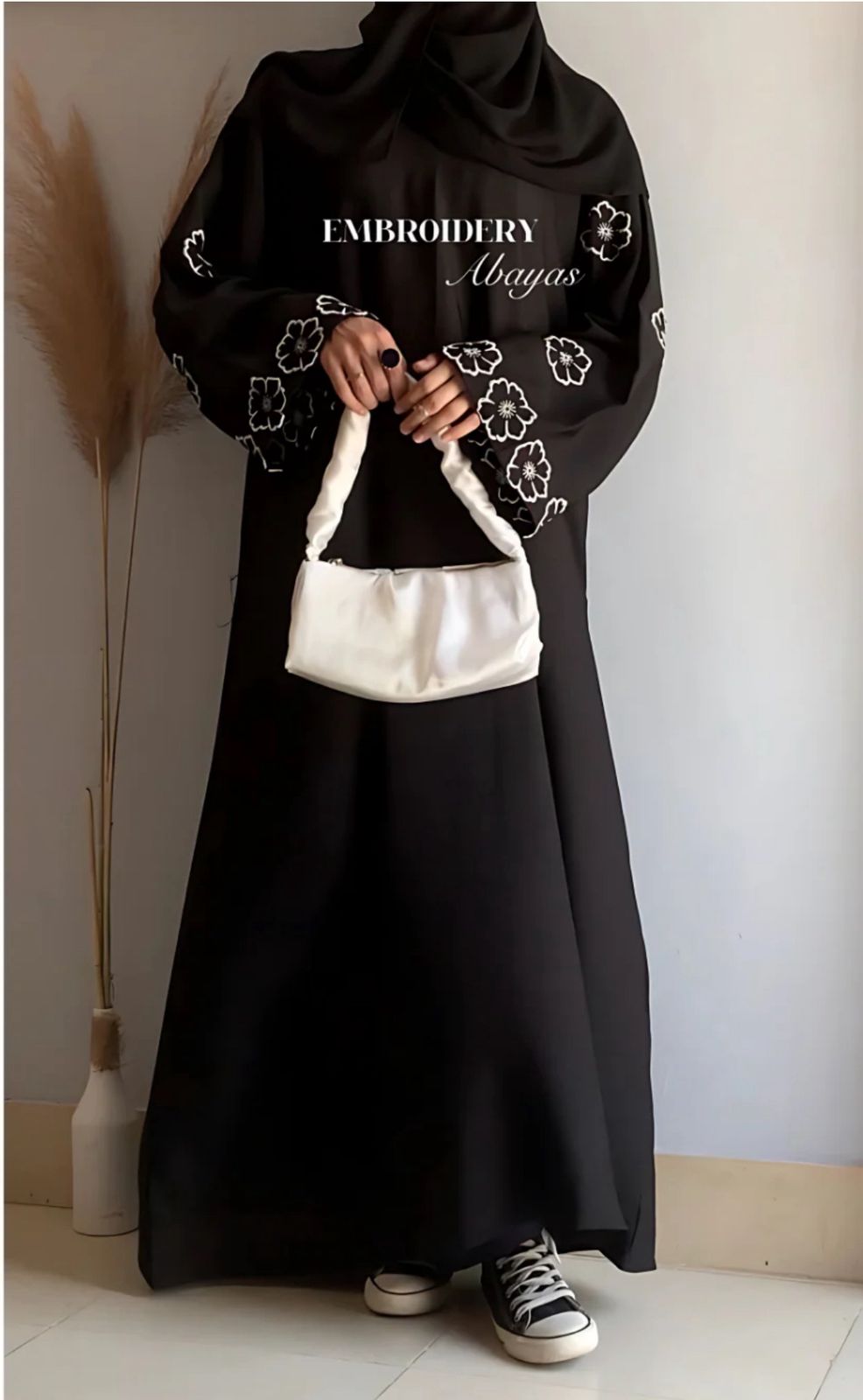 Elegant Black Abaya with White Floral Sleeve Embroidery