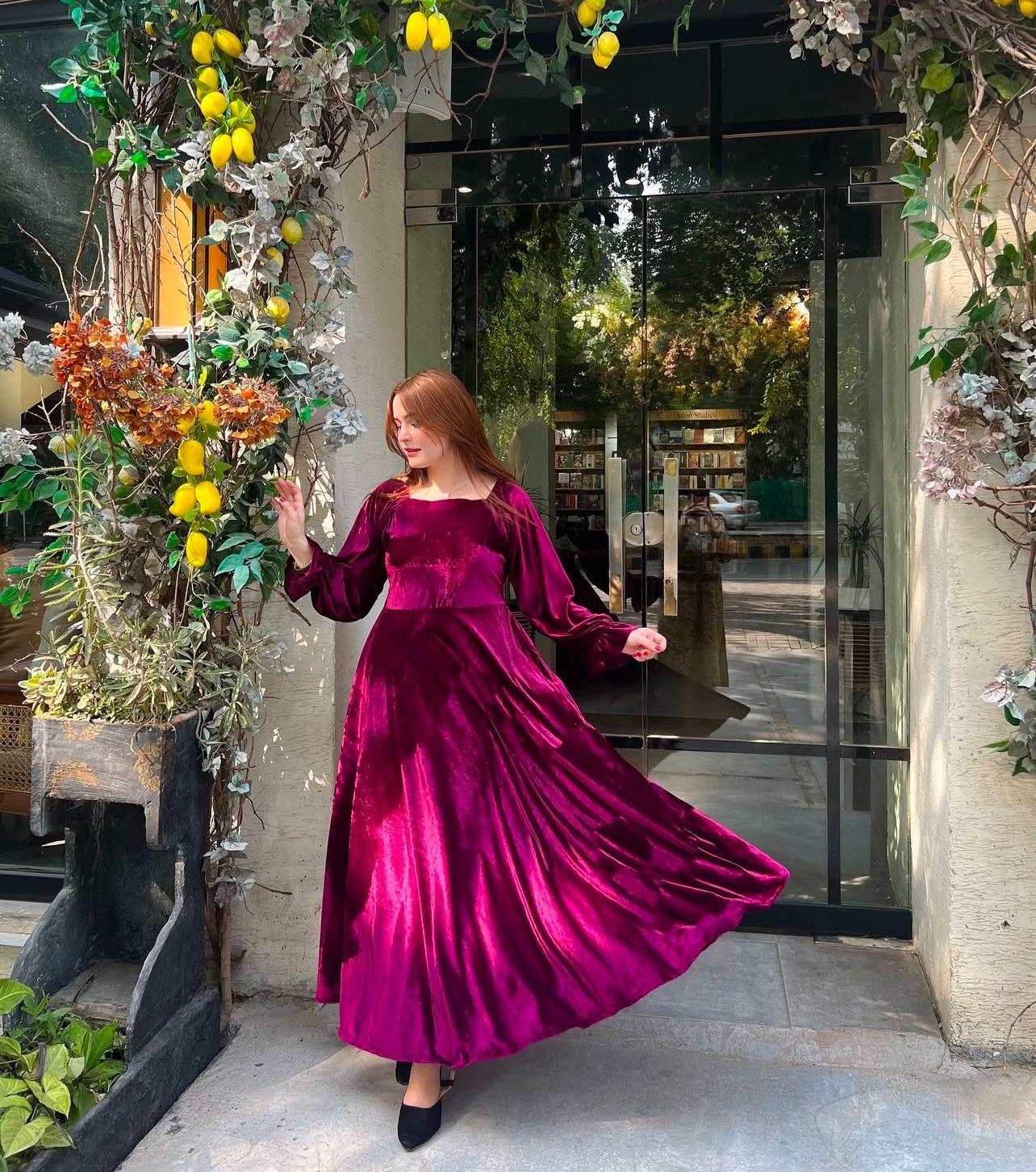 Elegant Plum Velvet Maxi Dress with Long Sleeves