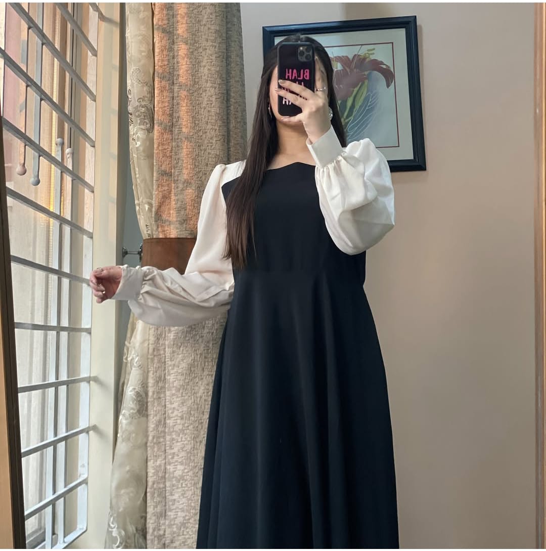 Classic Black Maxi Dress with Elegant White Chiffon Sleeves