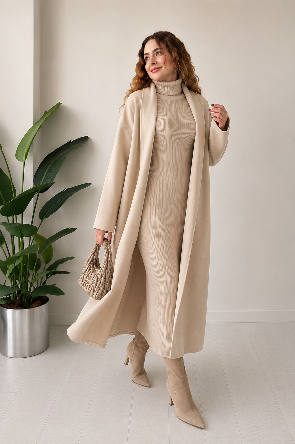 2-Piece Winter Co-ord Set – Long Shrug & Knitted Turtleneck Dress