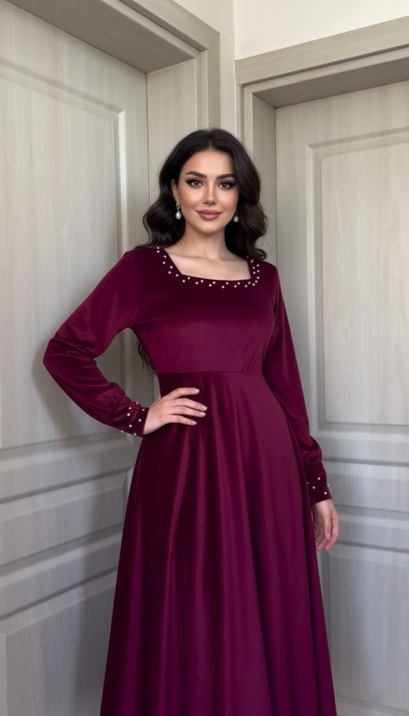 Luxurious Long-Sleeve Velvet Gown with Beaded Neckline and Cuffs