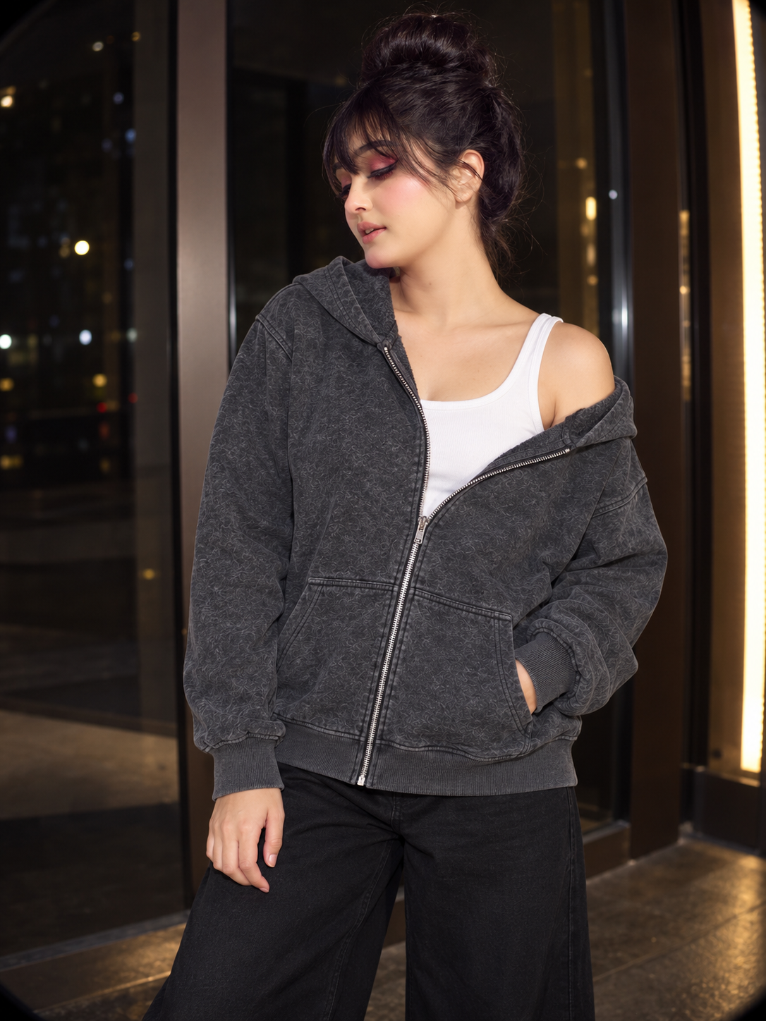 Dusk Zip Hoodie in charcoal grey, one shoulder drop