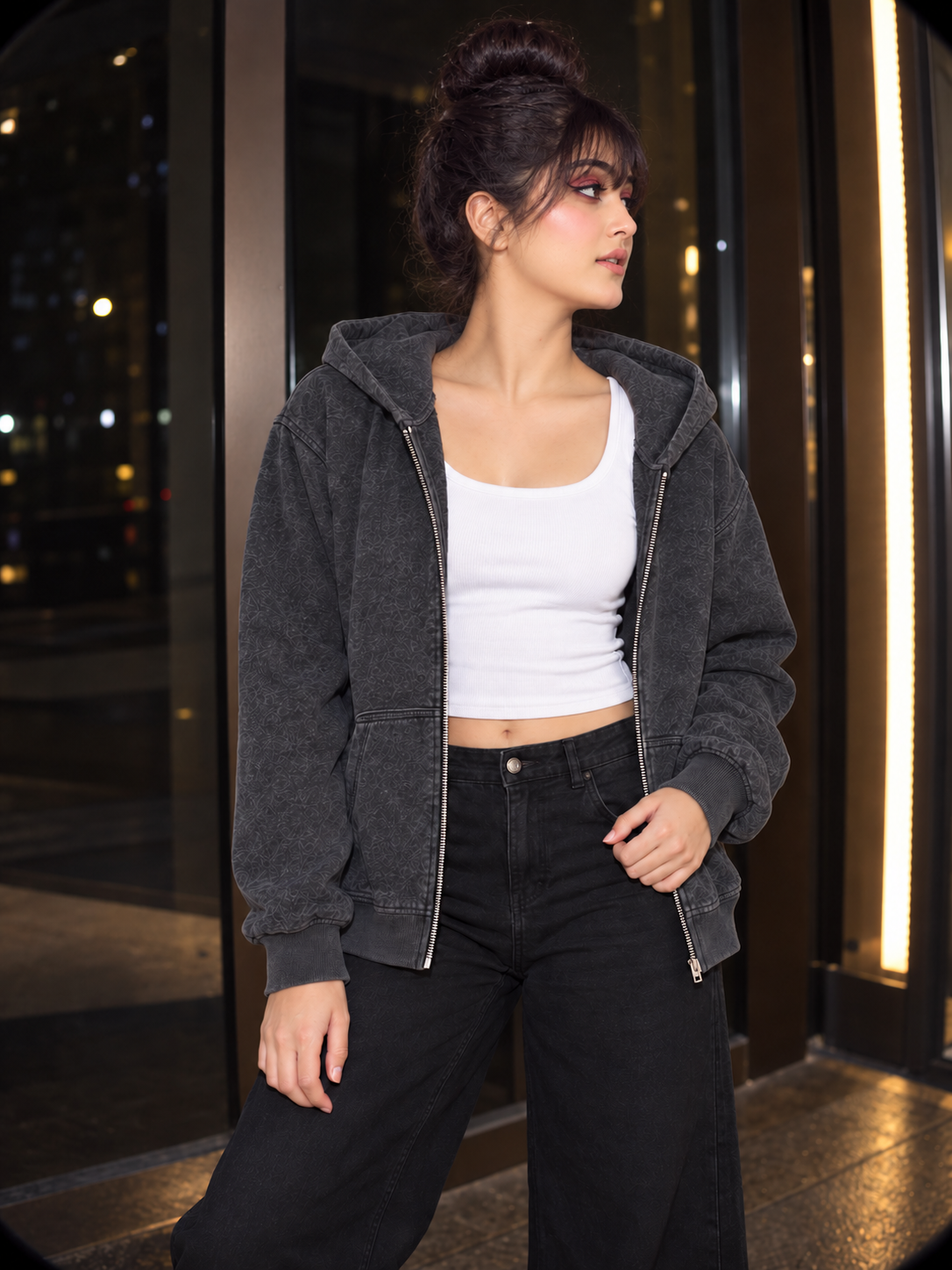 Dusk Zip Hoodie in charcoal grey, open zip