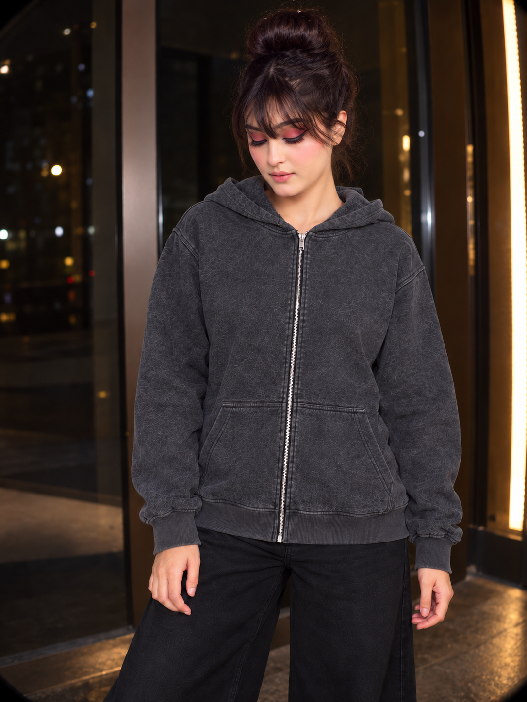 Dusk Zip Hoodie in charcoal grey, fully zipped front
