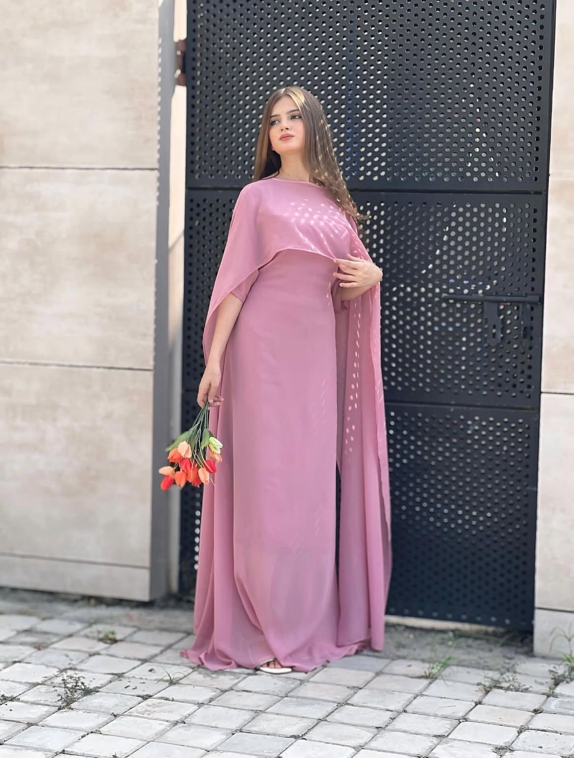 Graceful Cape Shawl Dress PINK – Badam Graceful Cape Shawl Dress PINK – Badam