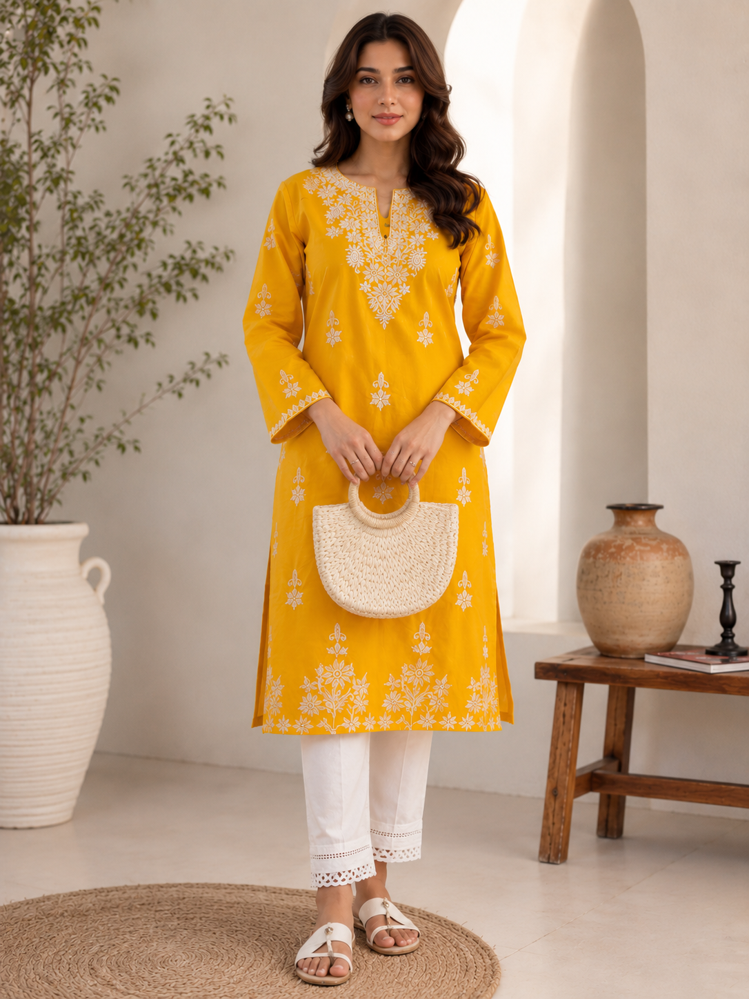 yellow Embroided Indian Kurti