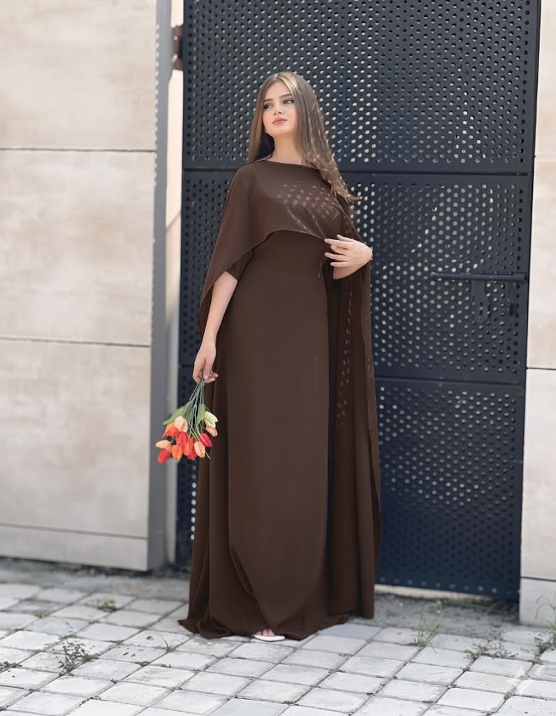 Graceful Cape Shawl Dress BROWN