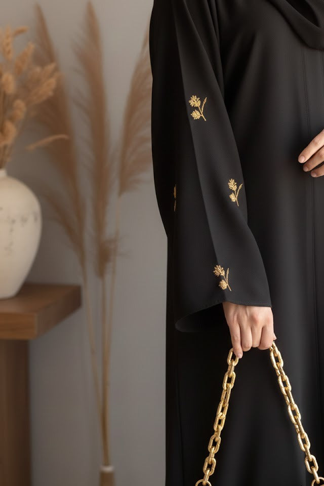Luxury Black Abaya with Gold Floral Embroidery on Sleeves