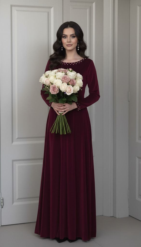 Luxurious Long-Sleeve Velvet Gown with Beaded Neckline and Cuffs