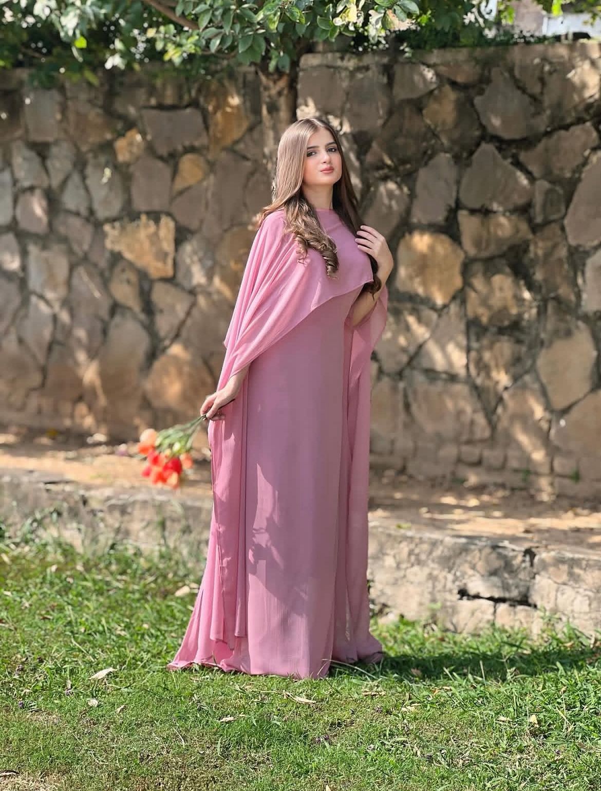Graceful Cape Shawl Dress PINK Badam Graceful Cape Shawl Dress PINK Badam