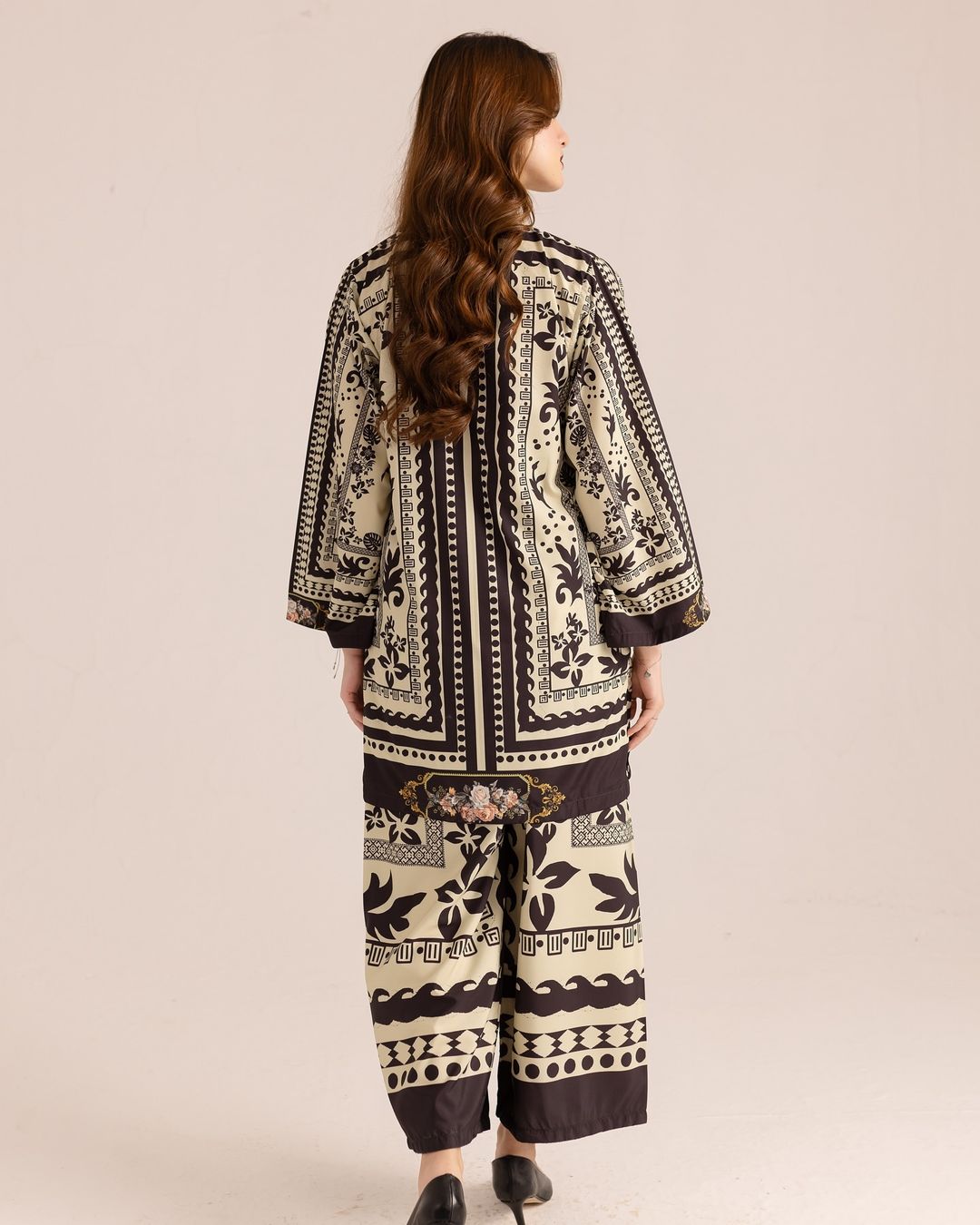 Noor Luxe Printed Co-Ord Set – Cream & Ebony