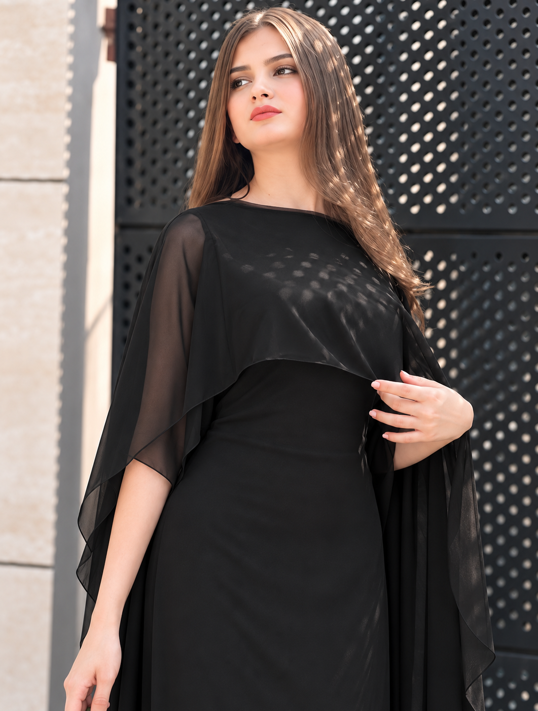 Graceful Cape Shawl Dress — Black — Close-up