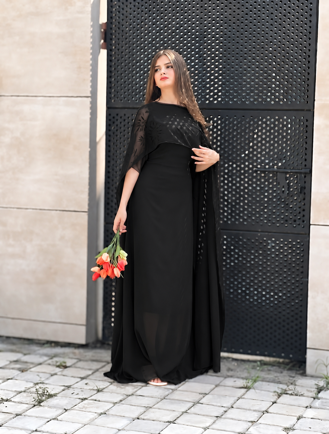 Graceful Cape Shawl Dress — Black — Front view