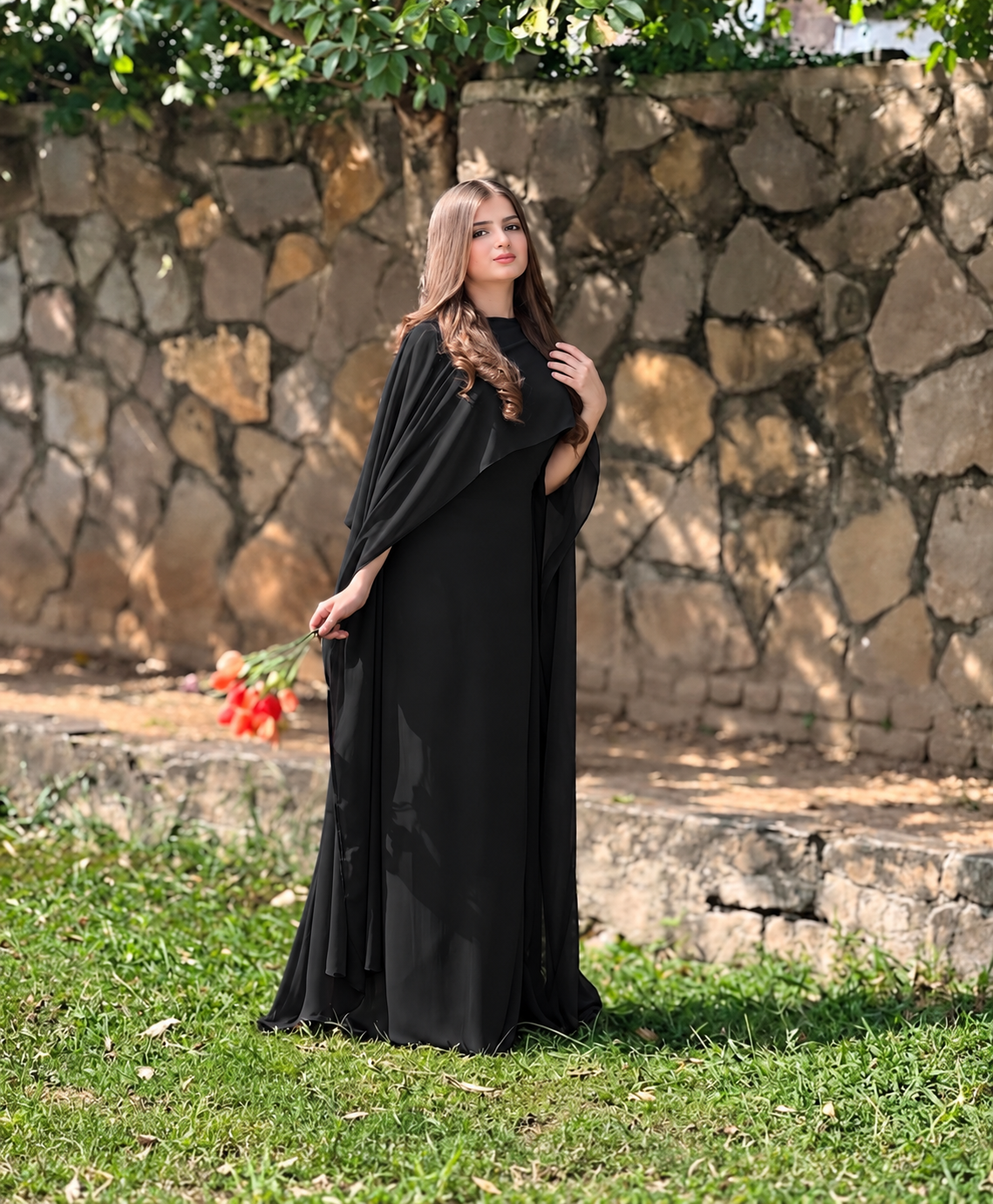 Graceful Cape Shawl Dress — Black — Three-quarter view