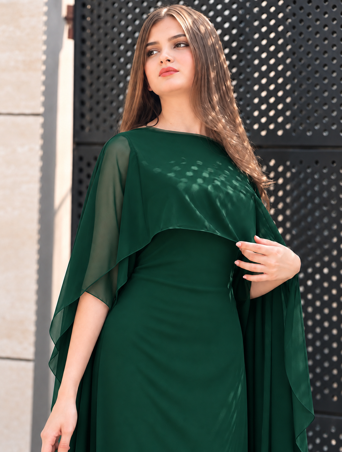 Graceful Cape Shawl Dress — Dark Green — Close-up