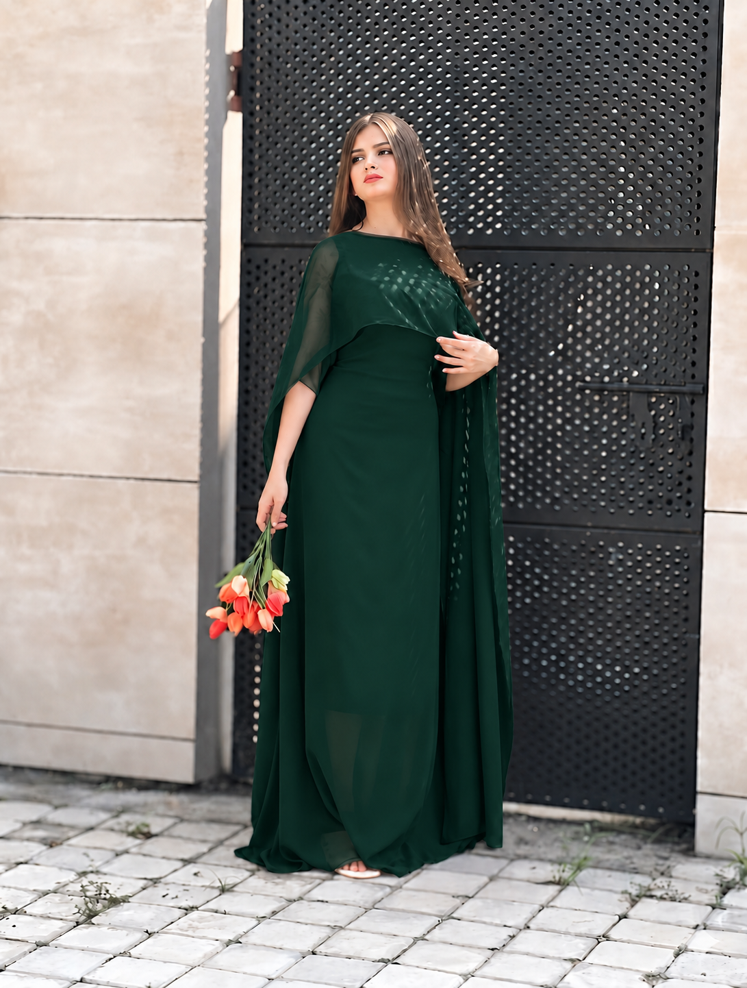 Graceful Cape Shawl Dress — Dark Green — Front view