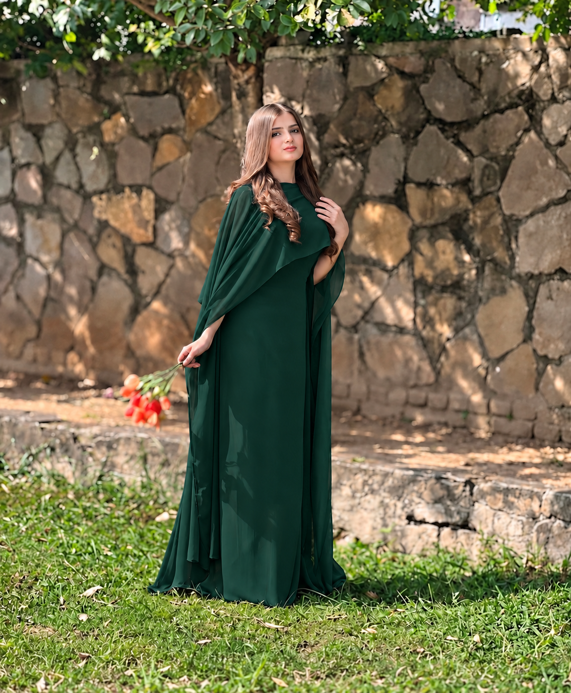 Graceful Cape Shawl Dress — Dark Green — Three-quarter view