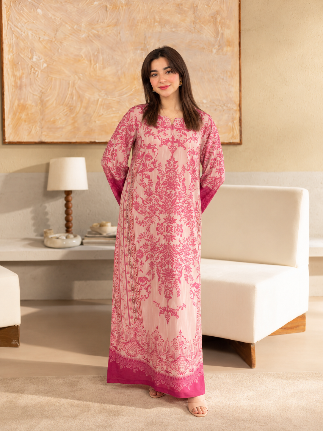 Gulbahar Kaftan pink printed crepe two-piece outfit, full front view.