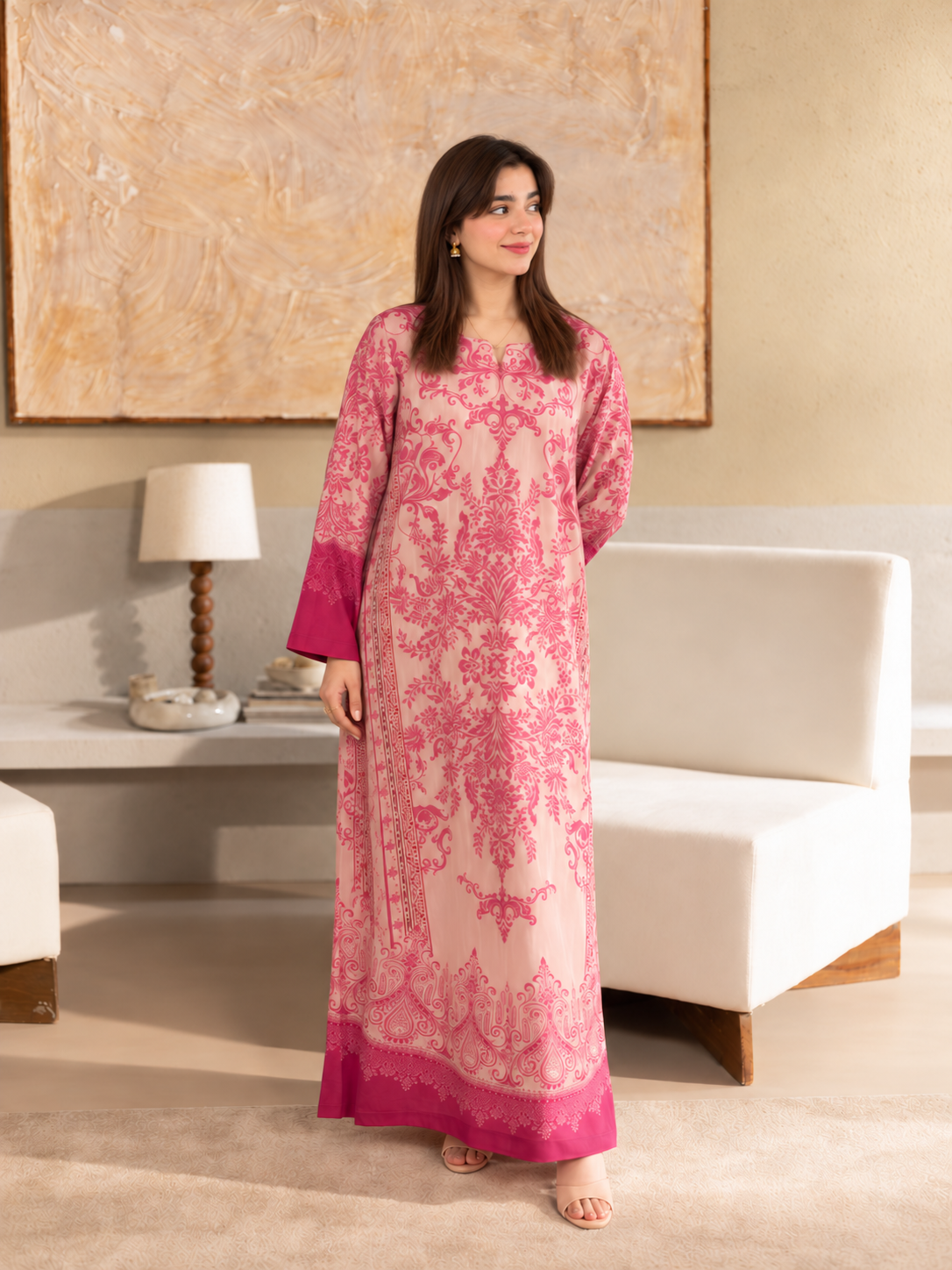 Gulbahar Kaftan pink crepe outfit, relaxed standing view looking right.