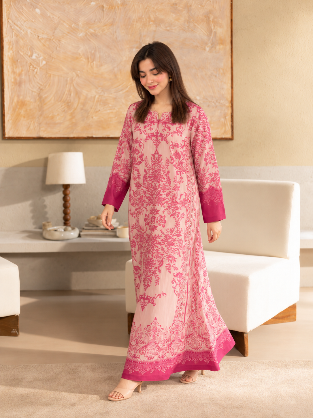 Gulbahar Kaftan pink crepe outfit, walking view showing the printed border and drape.