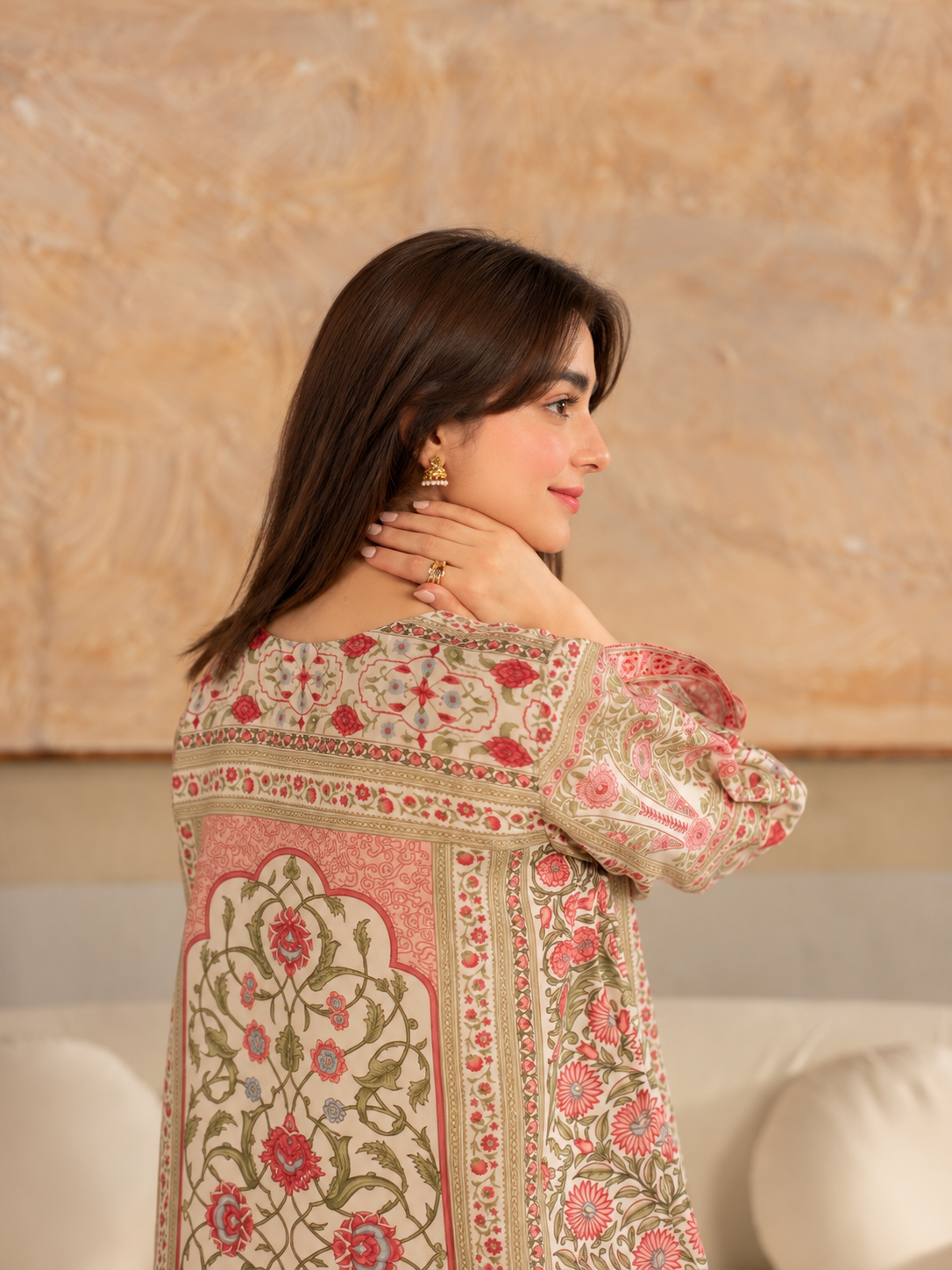 Gulistan Kaftan ivory, pink and olive printed crepe two-piece outfit, back detail view.