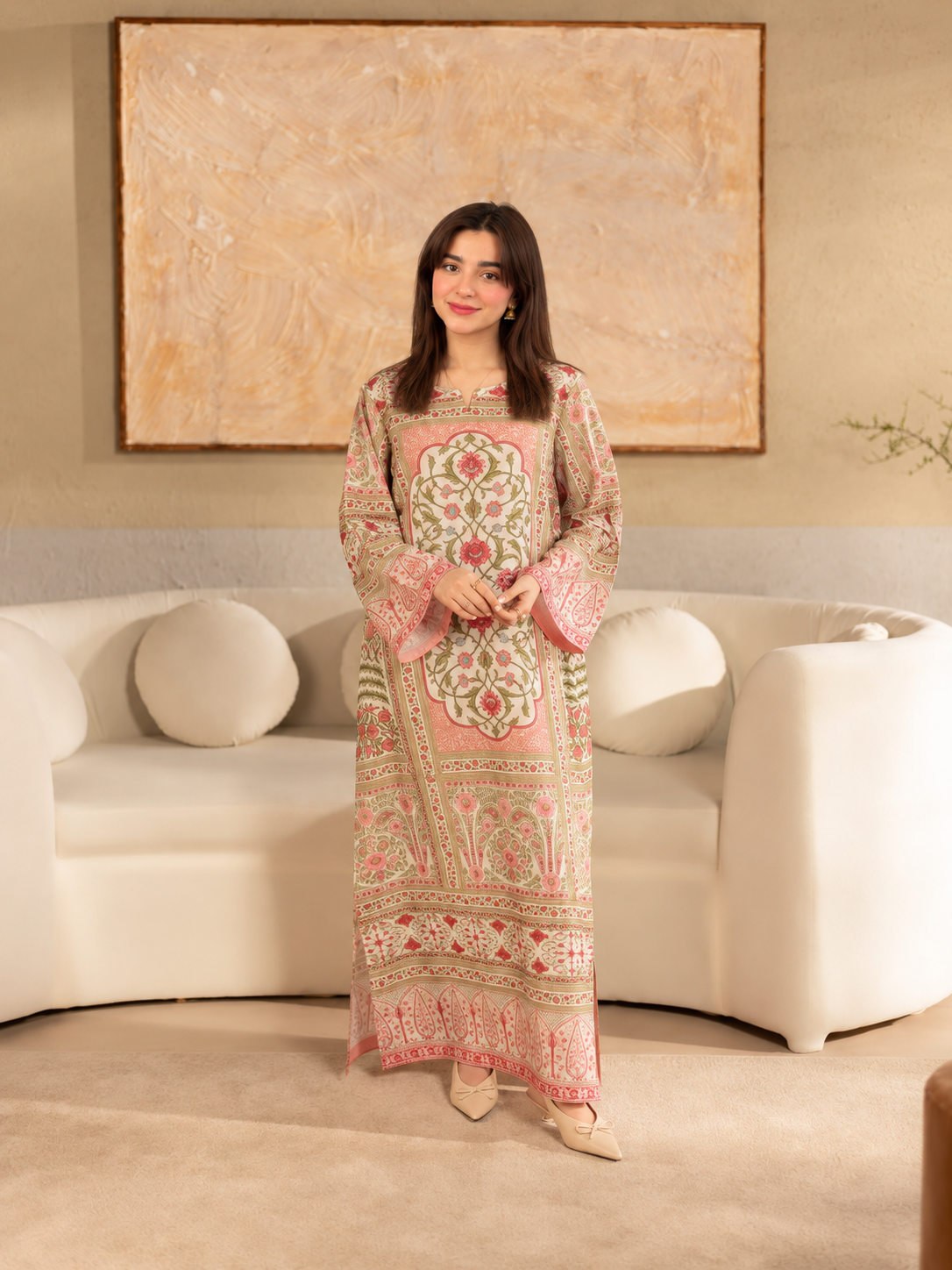 Gulistan Kaftan ivory, pink and olive printed crepe two-piece outfit, front view.