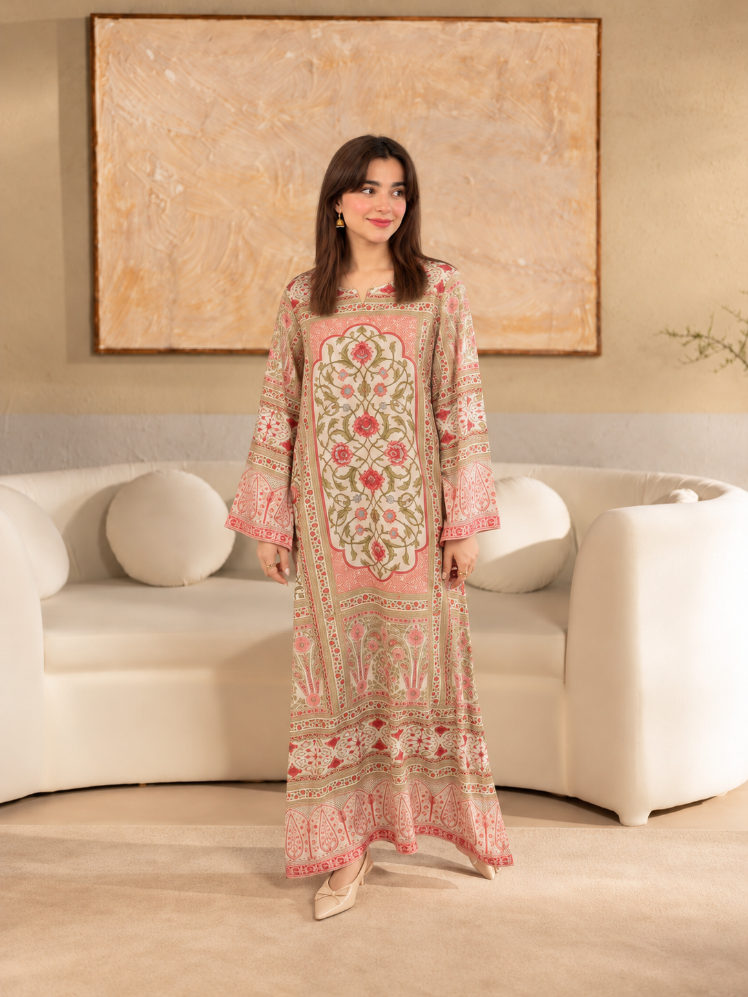 Gulistan Kaftan ivory, pink and olive printed crepe two-piece outfit, standing view.